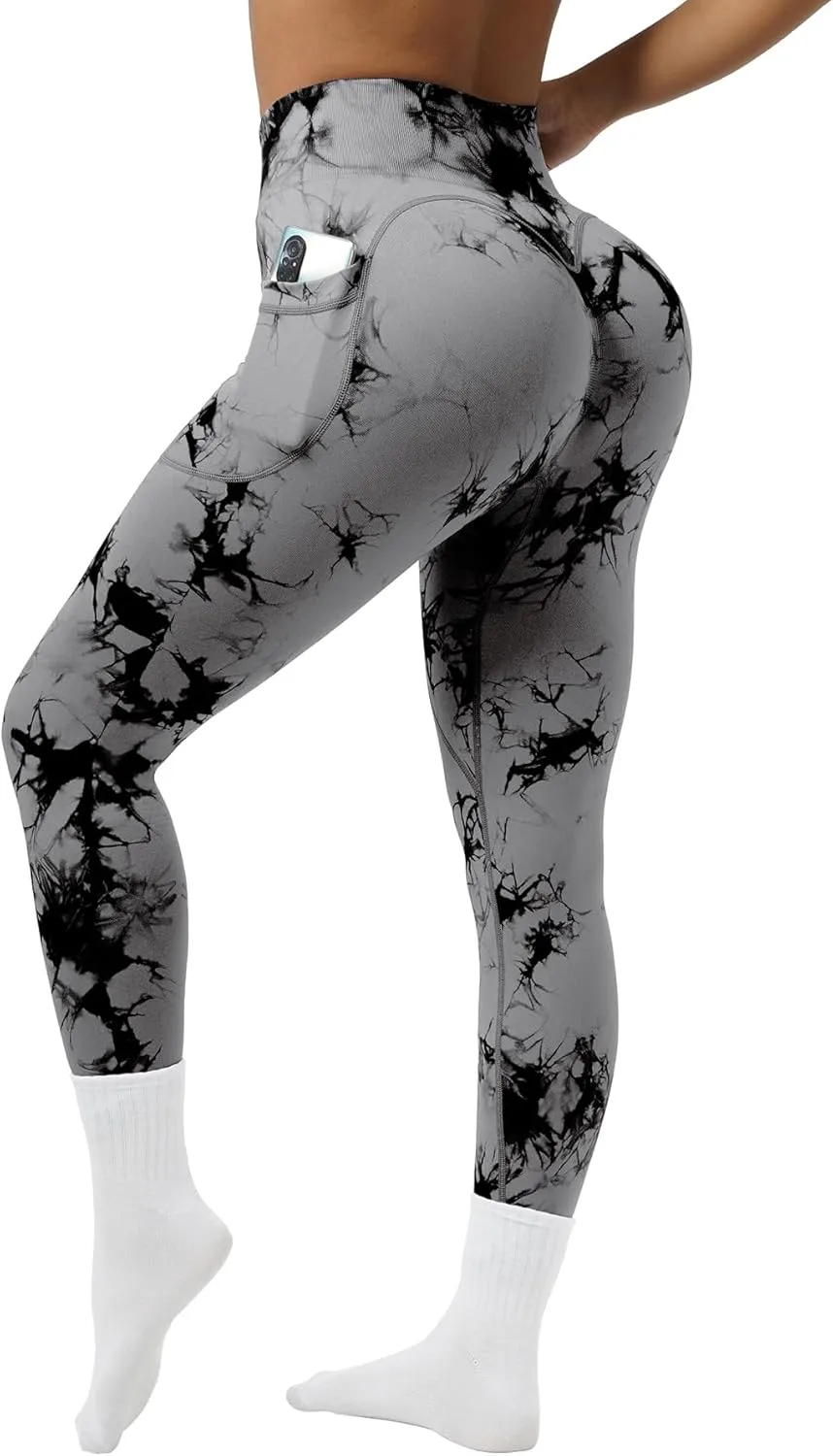 OVESPORT Tie Dye Seamless Leggings with Pockets for Women High Waisted Scrunch Butt Lifting Tummy Control Workout Gym