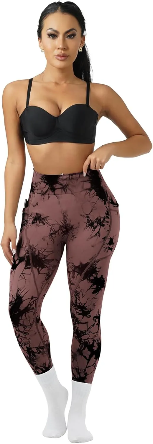 OVESPORT Tie Dye Seamless Leggings with Pockets for Women High Waisted Scrunch Butt Lifting Tummy Control Workout Gym