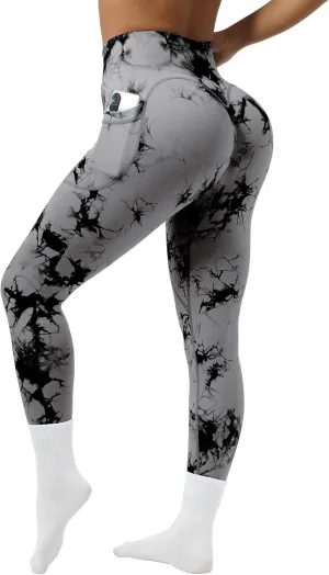 OVESPORT Tie Dye Seamless Leggings with Pockets for Women High Waisted Scrunch Butt Lifting Tummy Control Workout Gym