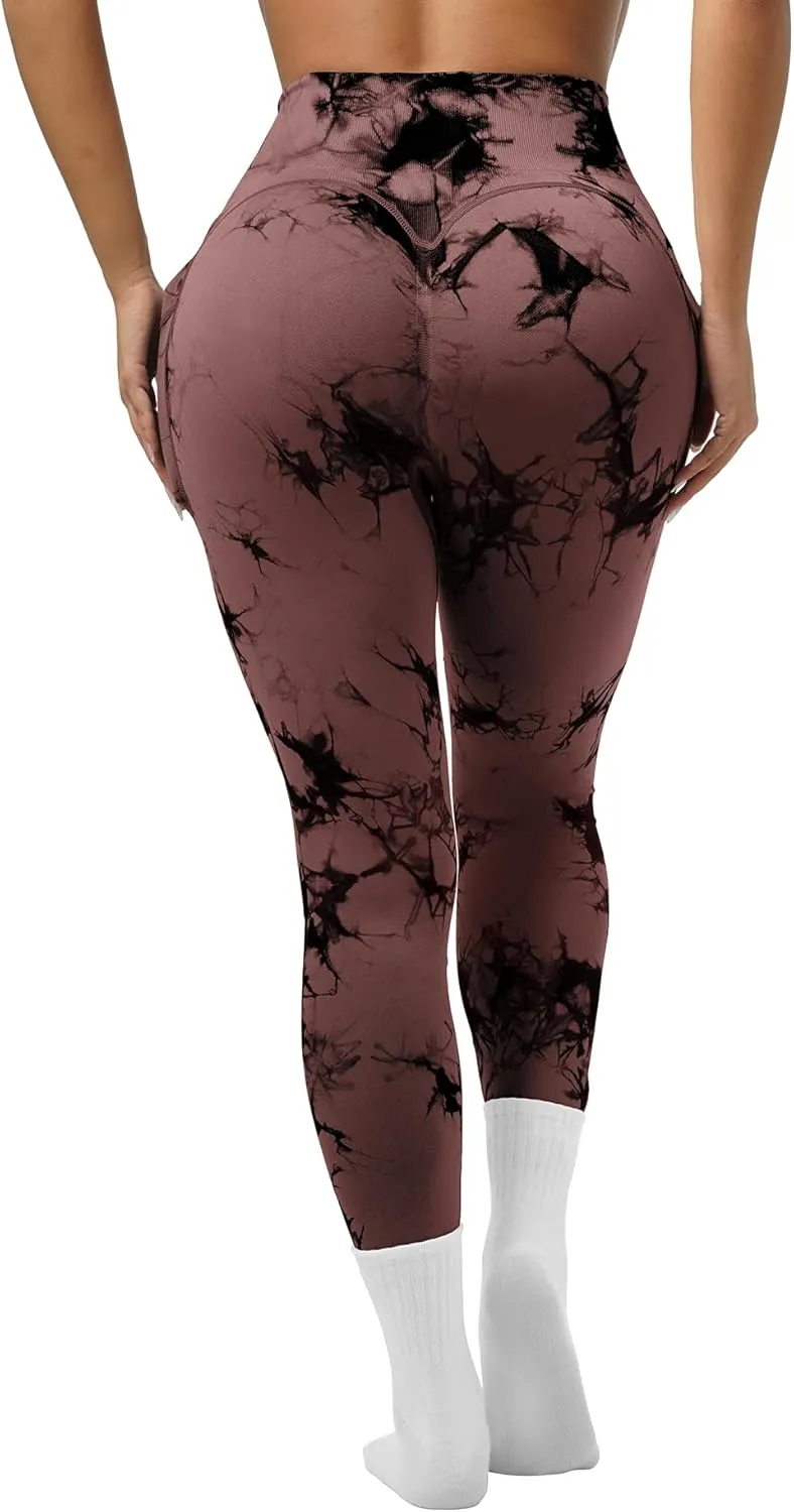 OVESPORT Tie Dye Seamless Leggings with Pockets for Women High Waisted Scrunch Butt Lifting Tummy Control Workout Gym