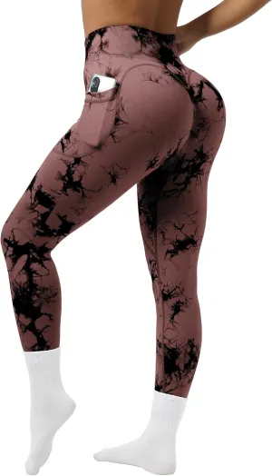 OVESPORT Tie Dye Seamless Leggings with Pockets for Women High Waisted Scrunch Butt Lifting Tummy Control Workout Gym