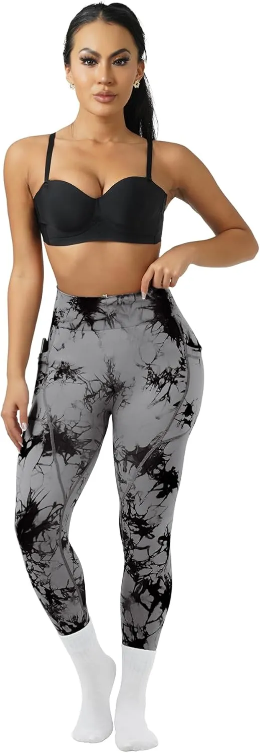 OVESPORT Tie Dye Seamless Leggings with Pockets for Women High Waisted Scrunch Butt Lifting Tummy Control Workout Gym