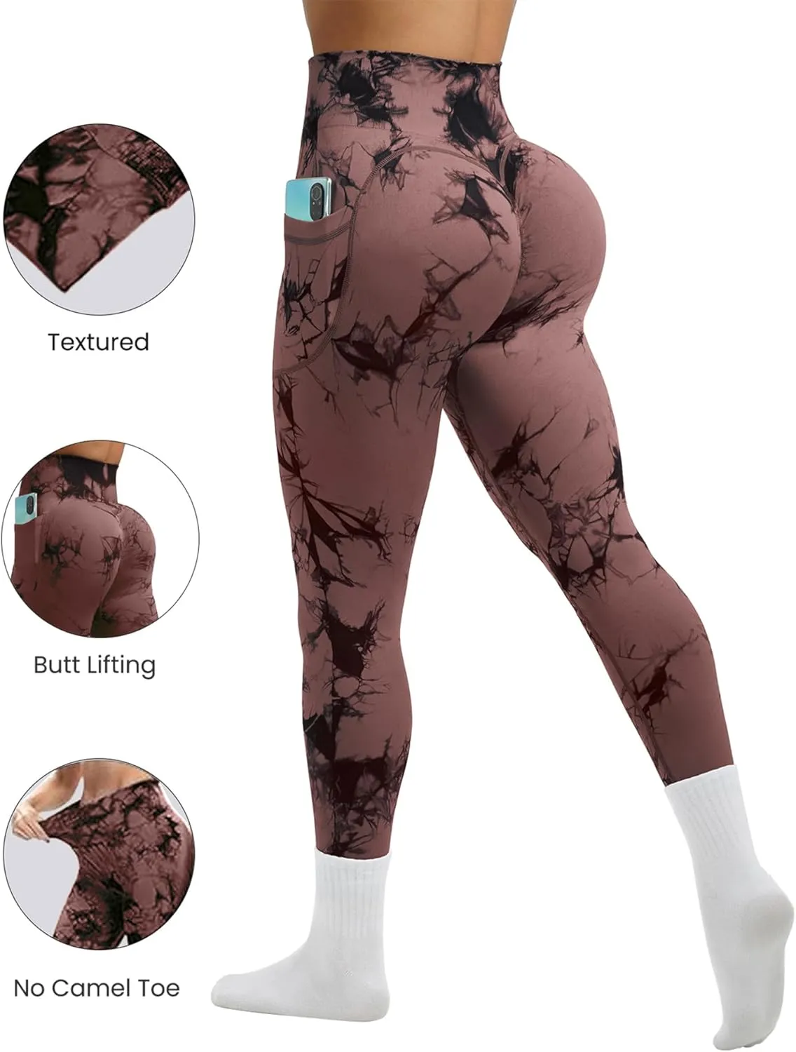 OVESPORT Tie Dye Seamless Leggings with Pockets for Women High Waisted Scrunch Butt Lifting Tummy Control Workout Gym