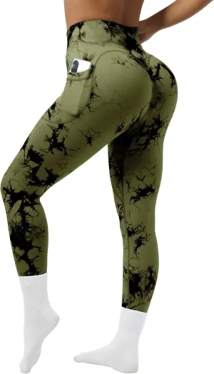 OVESPORT Tie Dye Seamless Leggings with Pockets for Women High Waisted Scrunch Butt Lifting Tummy Control Workout Gym