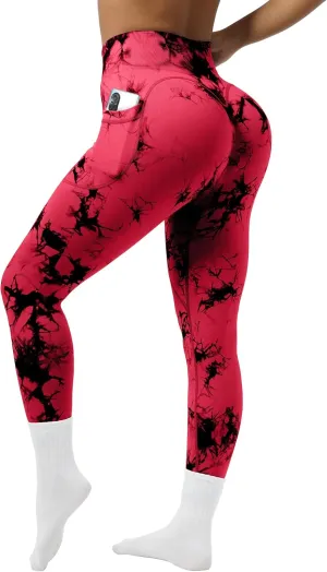 OVESPORT Tie Dye Seamless Leggings with Pockets for Women High Waisted Scrunch Butt Lifting Tummy Control Workout Gym