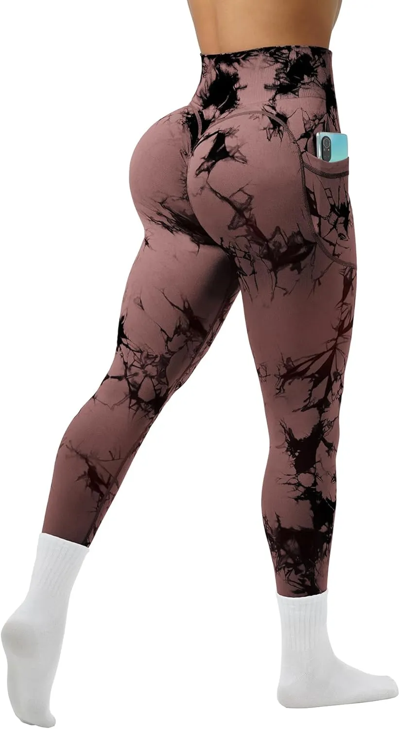 OVESPORT Tie Dye Seamless Leggings with Pockets for Women High Waisted Scrunch Butt Lifting Tummy Control Workout Gym