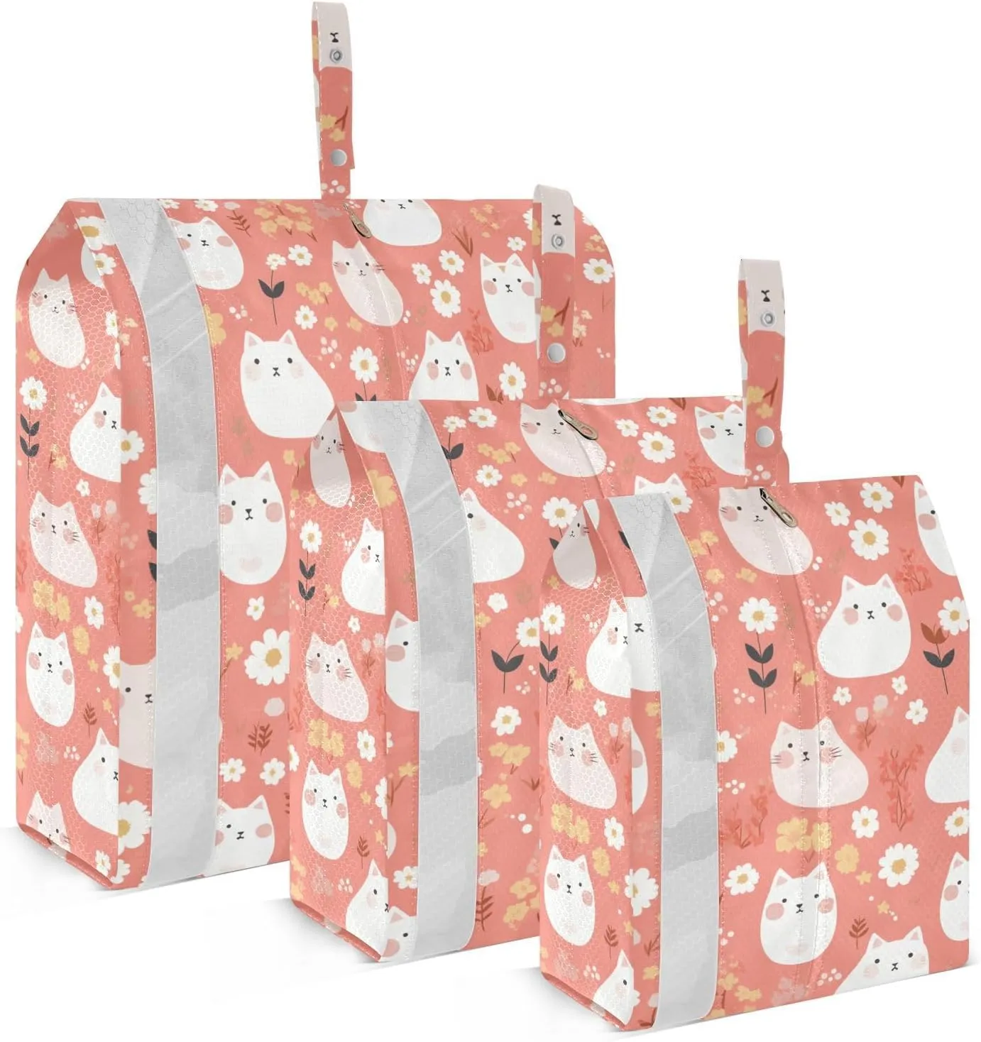 Peach Cute White Cats Spring 3 Set Travel Packing Cubes For Suitcases Collapsible Plastic Bags For Clothes Clear Storage Bags Plastic Storage