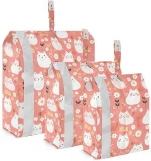 Peach Cute White Cats Spring 3 Set Travel Packing Cubes For Suitcases Collapsible Plastic Bags For Clothes Clear Storage Bags Plastic Storage