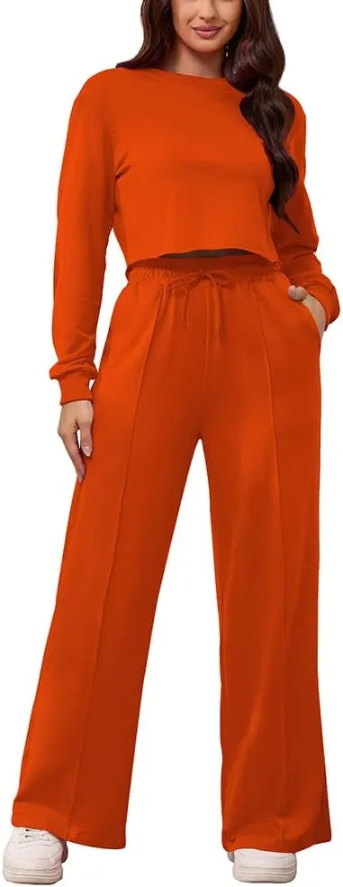 PINSV Women's 2 Piece Outfits Sweatsuit Set Long Sleeve Crop Top Drawstring Wide Leg Pants with Pockets Tracksuits