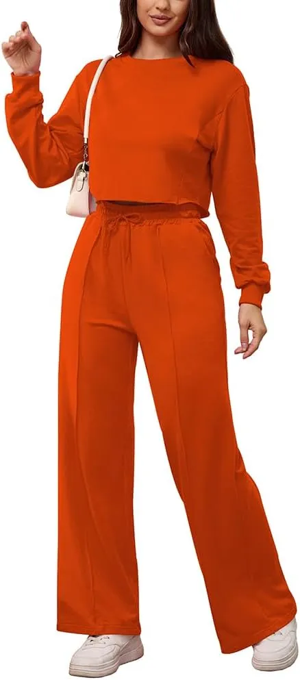 PINSV Women's 2 Piece Outfits Sweatsuit Set Long Sleeve Crop Top Drawstring Wide Leg Pants with Pockets Tracksuits
