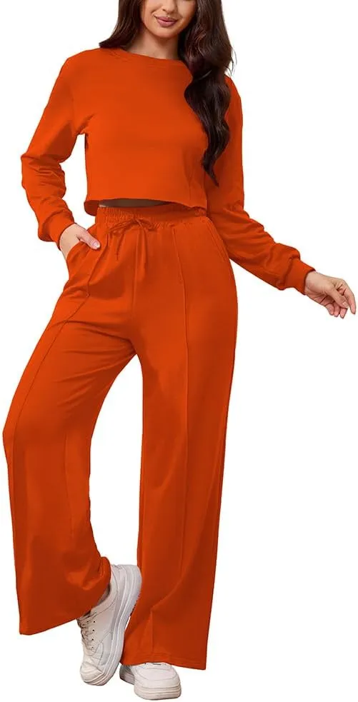 PINSV Women's 2 Piece Outfits Sweatsuit Set Long Sleeve Crop Top Drawstring Wide Leg Pants with Pockets Tracksuits