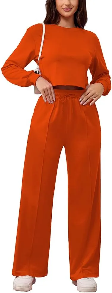 PINSV Women's 2 Piece Outfits Sweatsuit Set Long Sleeve Crop Top Drawstring Wide Leg Pants with Pockets Tracksuits