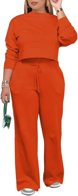 PINSV Women's 2 Piece Outfits Sweatsuit Set Long Sleeve Crop Top Drawstring Wide Leg Pants with Pockets Tracksuits