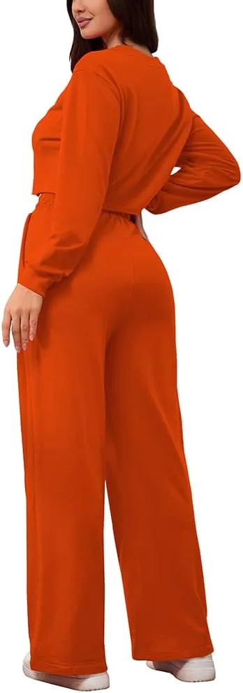 PINSV Women's 2 Piece Outfits Sweatsuit Set Long Sleeve Crop Top Drawstring Wide Leg Pants with Pockets Tracksuits