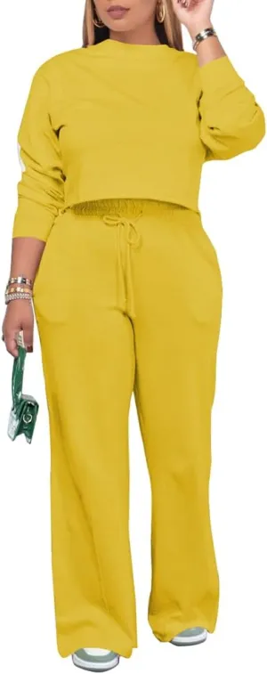 PINSV Women's 2 Piece Outfits Sweatsuit Set Long Sleeve Crop Top Drawstring Wide Leg Pants with Pockets Tracksuits