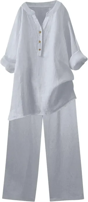 Plus Size Cotton Linen Sets 2 Piece Loungewear Set Women Long Sleeve Button V Neck Tops and Pants Vacation Outfits