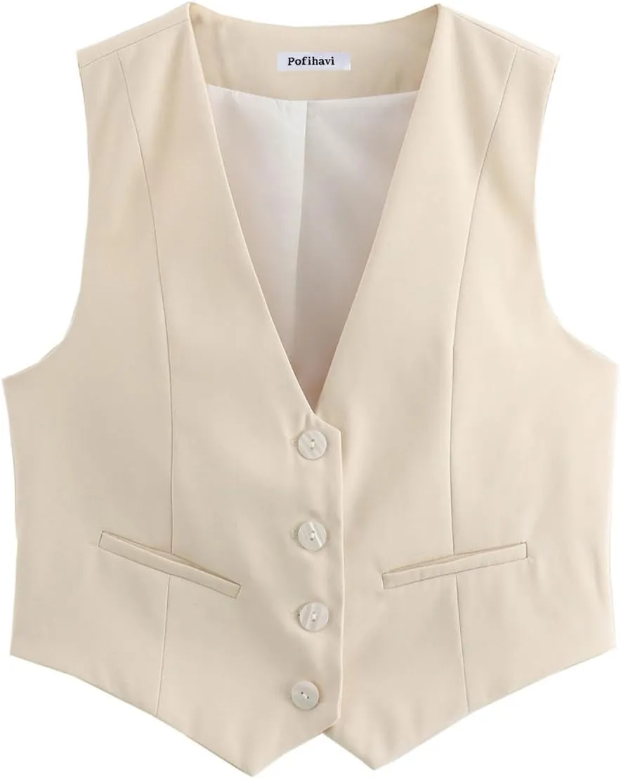 Pofihavi Cropped Suit Vest for Women 2024 Button Up Business Casual Dressy Waistcoat Vest Tops