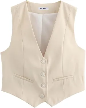 Pofihavi Cropped Suit Vest for Women 2024 Button Up Business Casual Dressy Waistcoat Vest Tops