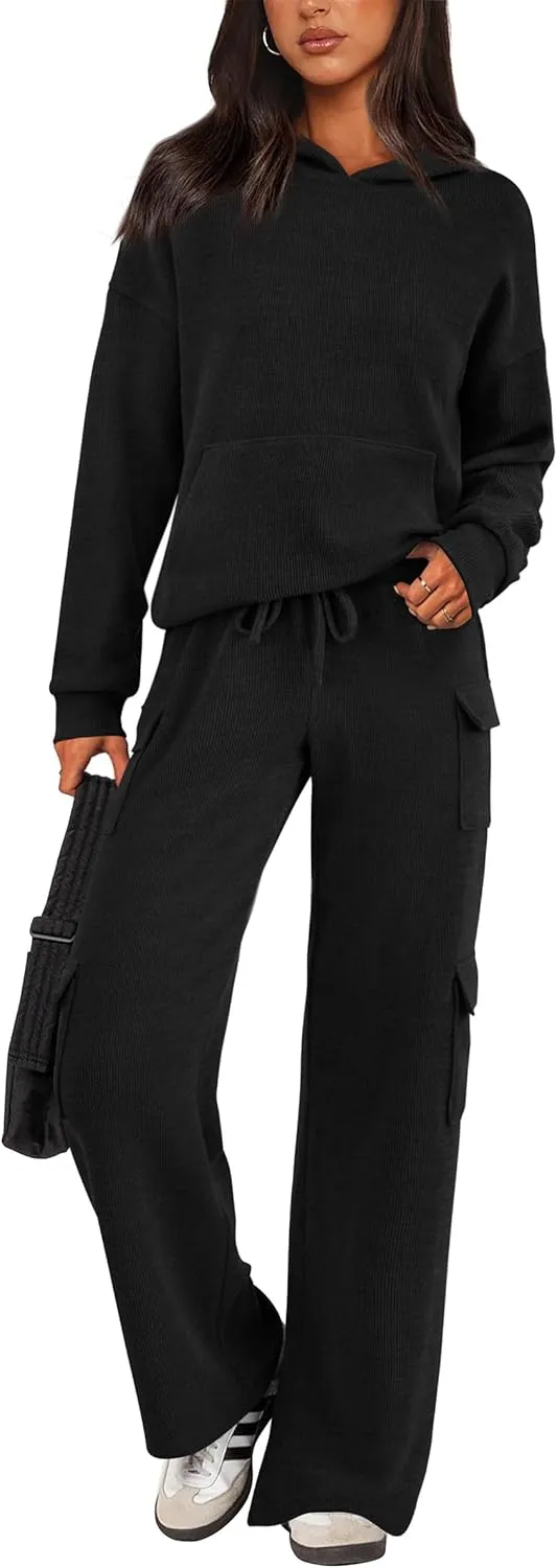 PRETTYGARDEN Women's 2 Piece Lounge Sets 2025 Fall Knitted Hoodie Pullover Tops Cargo Pants Matching Outfits Tracksuits