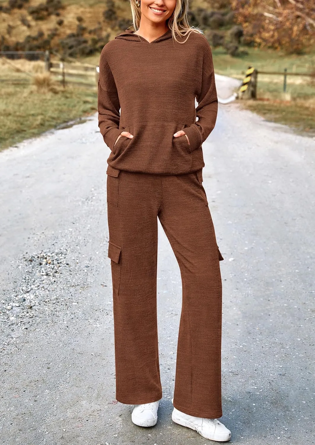 PRETTYGARDEN Women's 2 Piece Lounge Sets 2025 Fall Knitted Hoodie Pullover Tops Cargo Pants Matching Outfits Tracksuits