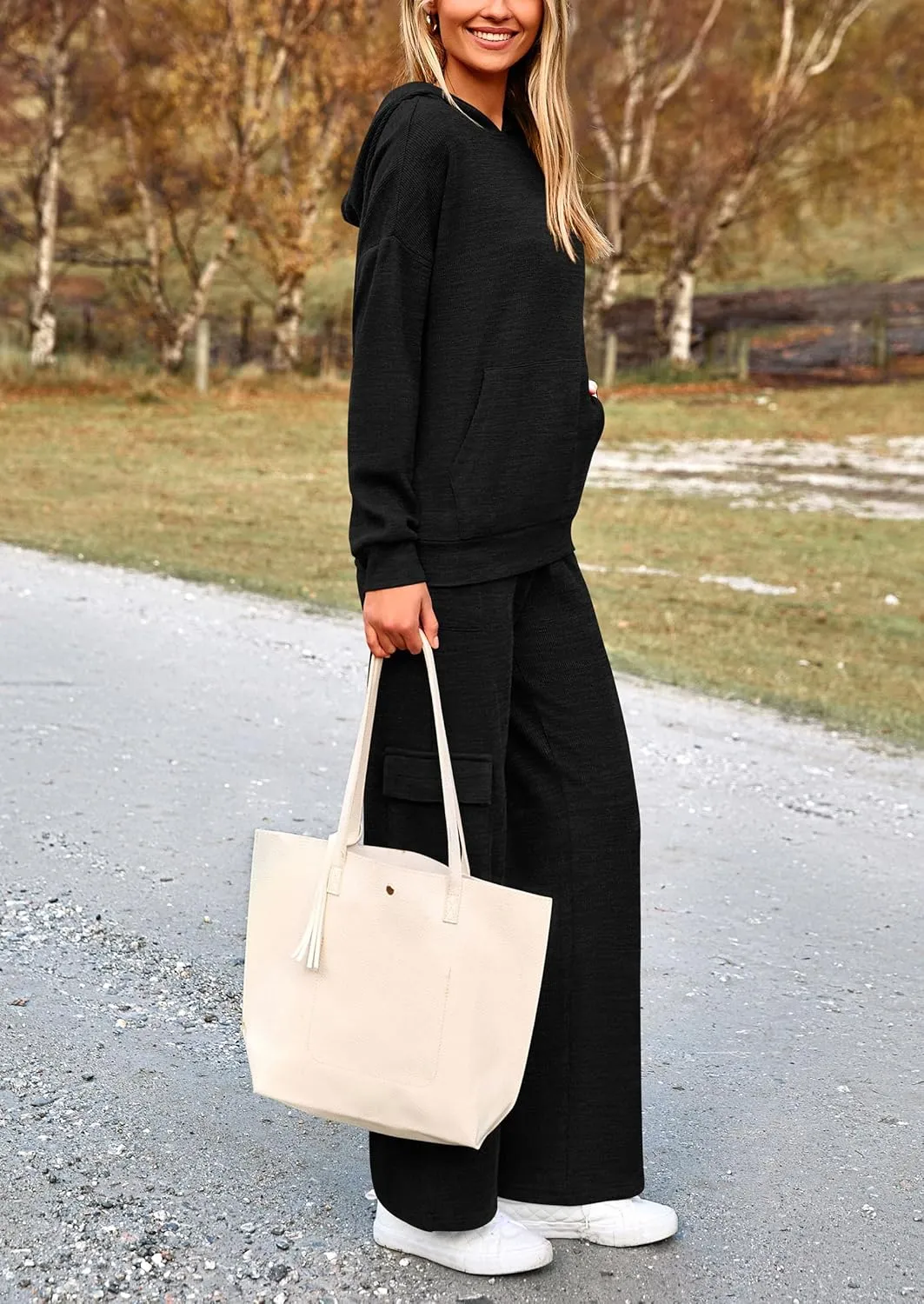 PRETTYGARDEN Women's 2 Piece Lounge Sets 2025 Fall Knitted Hoodie Pullover Tops Cargo Pants Matching Outfits Tracksuits