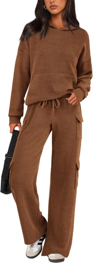 PRETTYGARDEN Women's 2 Piece Lounge Sets 2025 Fall Knitted Hoodie Pullover Tops Cargo Pants Matching Outfits Tracksuits