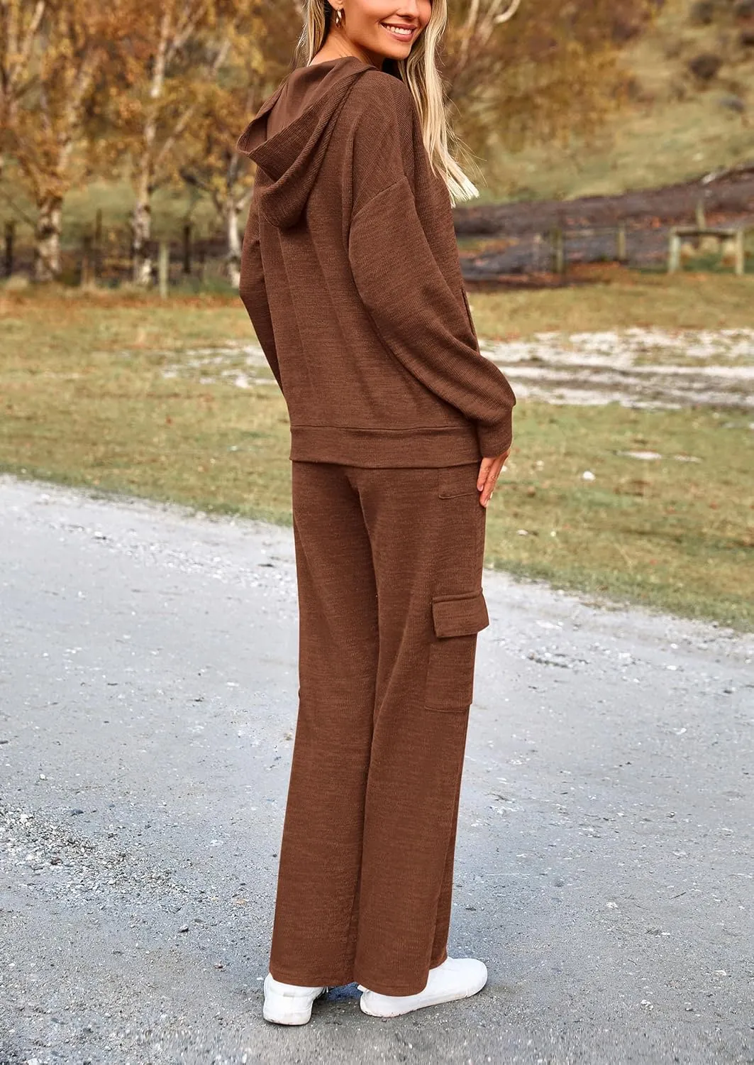PRETTYGARDEN Women's 2 Piece Lounge Sets 2025 Fall Knitted Hoodie Pullover Tops Cargo Pants Matching Outfits Tracksuits