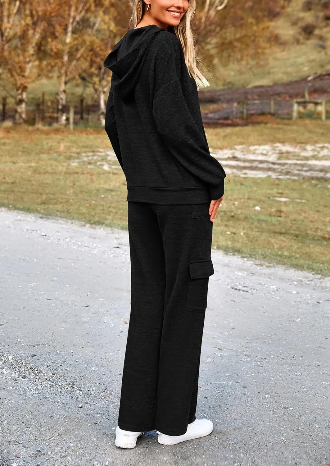 PRETTYGARDEN Women's 2 Piece Lounge Sets 2025 Fall Knitted Hoodie Pullover Tops Cargo Pants Matching Outfits Tracksuits