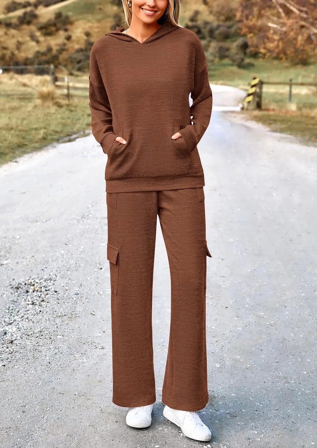 PRETTYGARDEN Women's 2 Piece Lounge Sets 2025 Fall Knitted Hoodie Pullover Tops Cargo Pants Matching Outfits Tracksuits