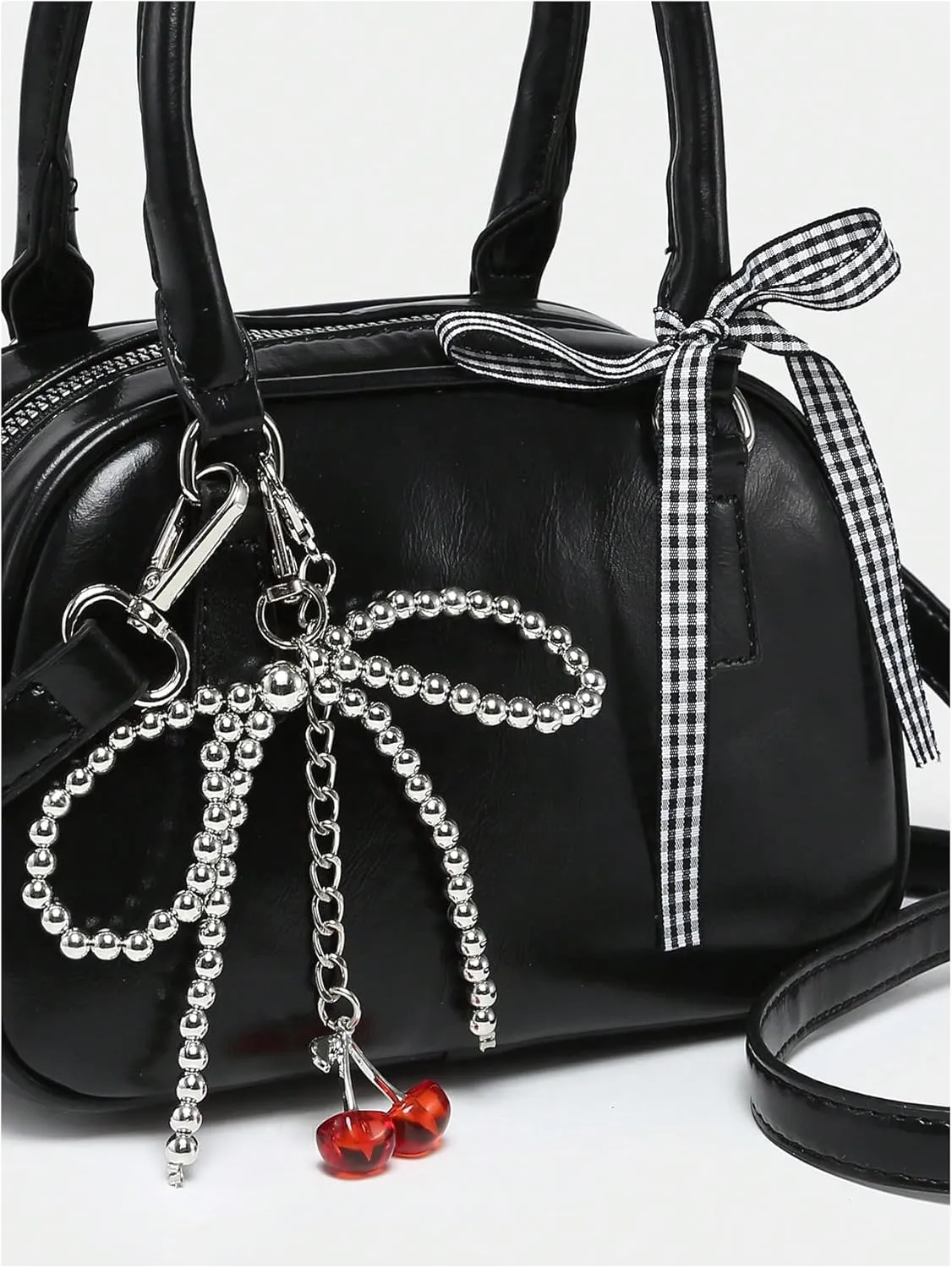 QWINEE Women's Y2K Cherry Pearl Crossbody Bags Cute Bow Clutch Purse Square Bag Top Handle Faux PU Leather Handbags