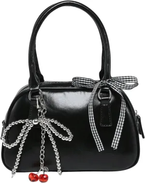 QWINEE Women's Y2K Cherry Pearl Crossbody Bags Cute Bow Clutch Purse Square Bag Top Handle Faux PU Leather Handbags