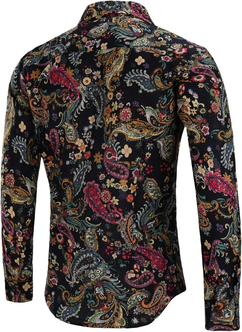 QZH.DUAO Mens 70s Disco Linen Shirts Casual Paisley Tops Floral Vintage Long Sleeve Shirt