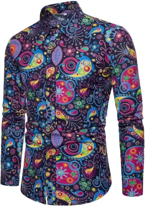 QZH.DUAO Mens 70s Disco Linen Shirts Casual Paisley Tops Floral Vintage Long Sleeve Shirt