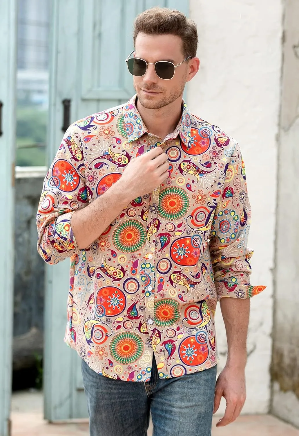 QZH.DUAO Mens 70s Disco Linen Shirts Casual Paisley Tops Floral Vintage Long Sleeve Shirt