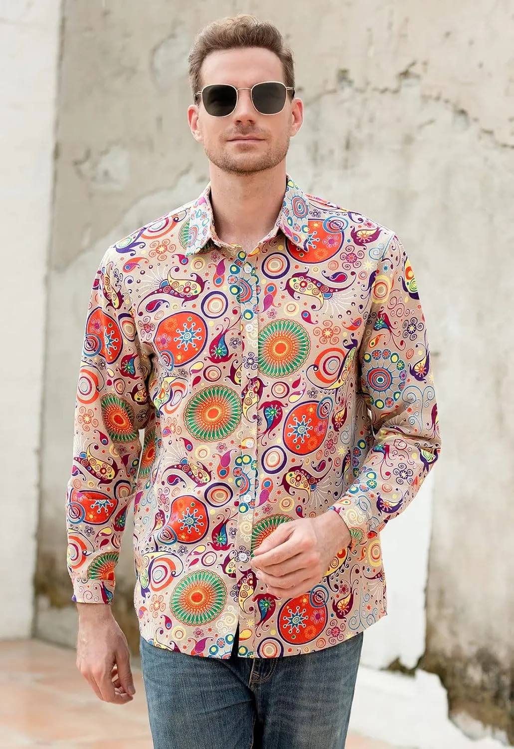 QZH.DUAO Mens 70s Disco Linen Shirts Casual Paisley Tops Floral Vintage Long Sleeve Shirt