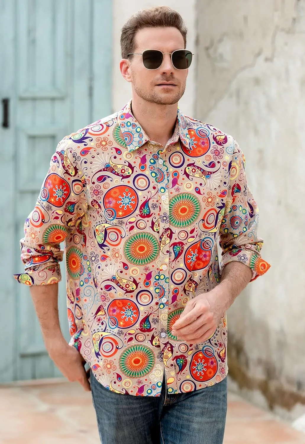 QZH.DUAO Mens 70s Disco Linen Shirts Casual Paisley Tops Floral Vintage Long Sleeve Shirt