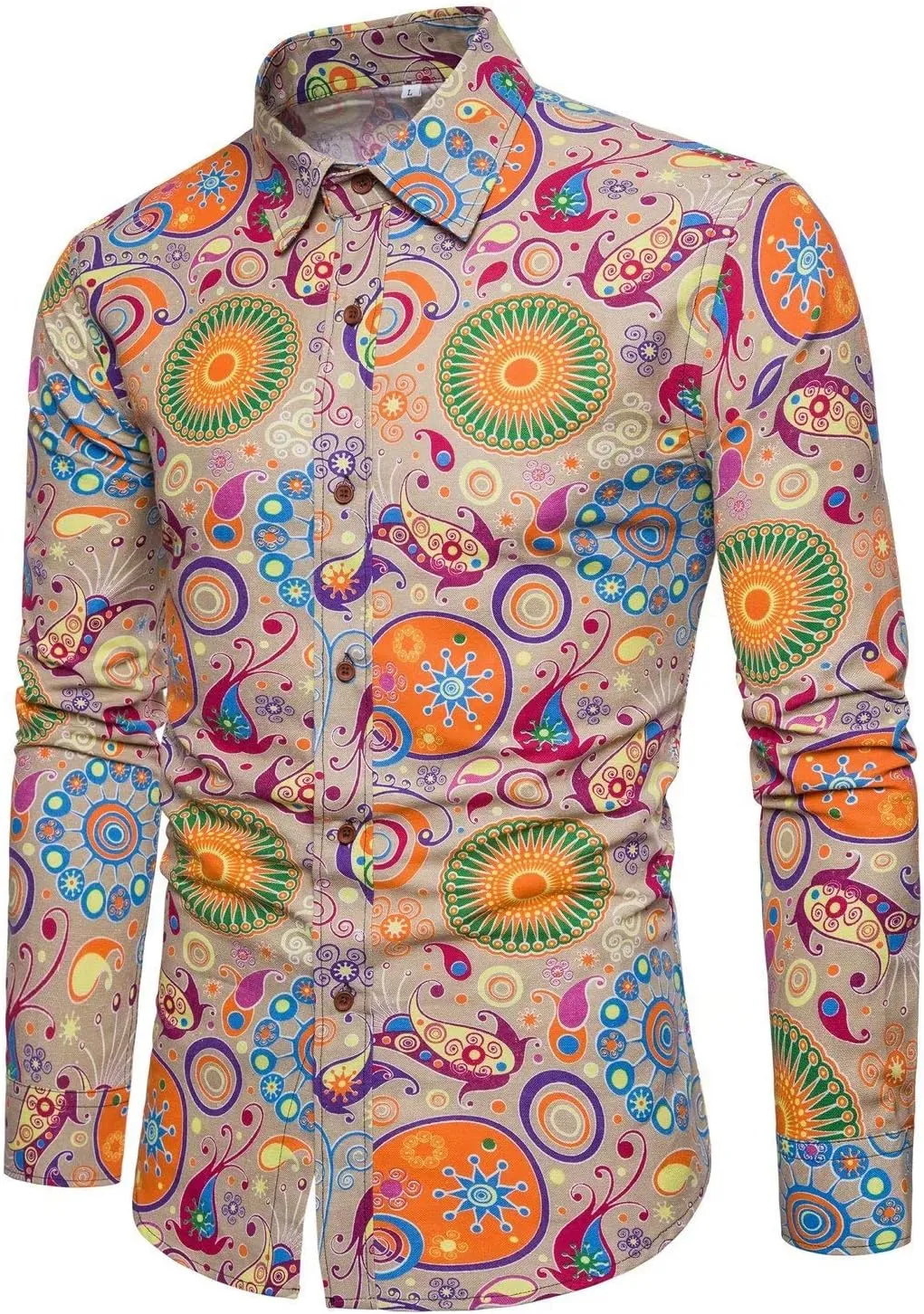 QZH.DUAO Mens 70s Disco Linen Shirts Casual Paisley Tops Floral Vintage Long Sleeve Shirt