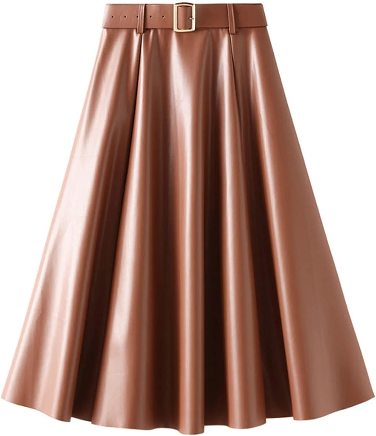 QZH.DUAO Women's Faux Leather Midi Skirt with Belt