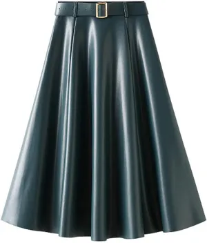 QZH.DUAO Women's Faux Leather Midi Skirt with Belt