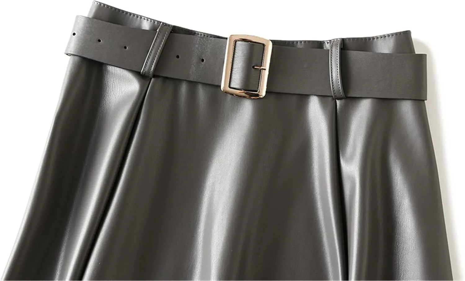 QZH.DUAO Women's Faux Leather Midi Skirt with Belt