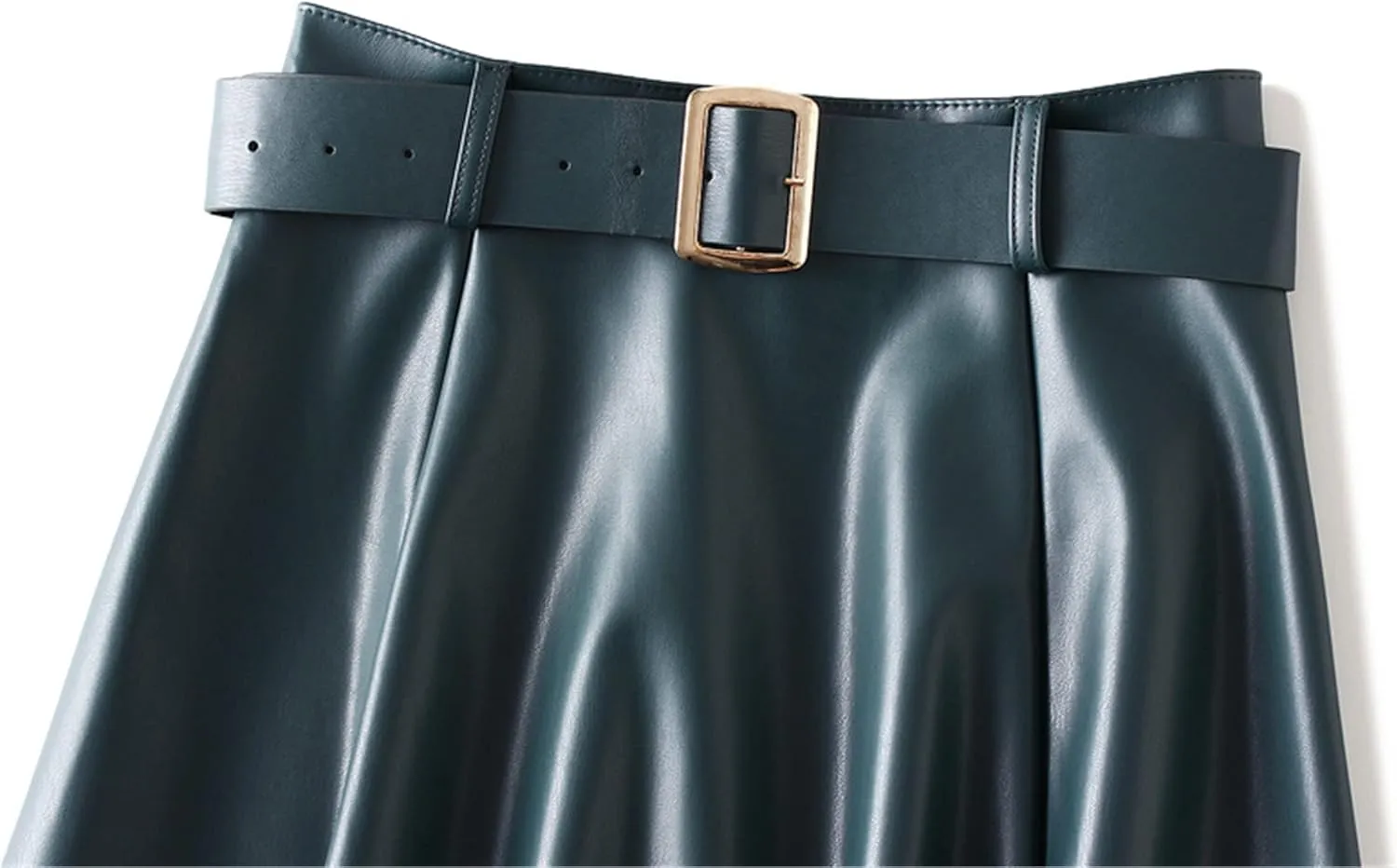 QZH.DUAO Women's Faux Leather Midi Skirt with Belt