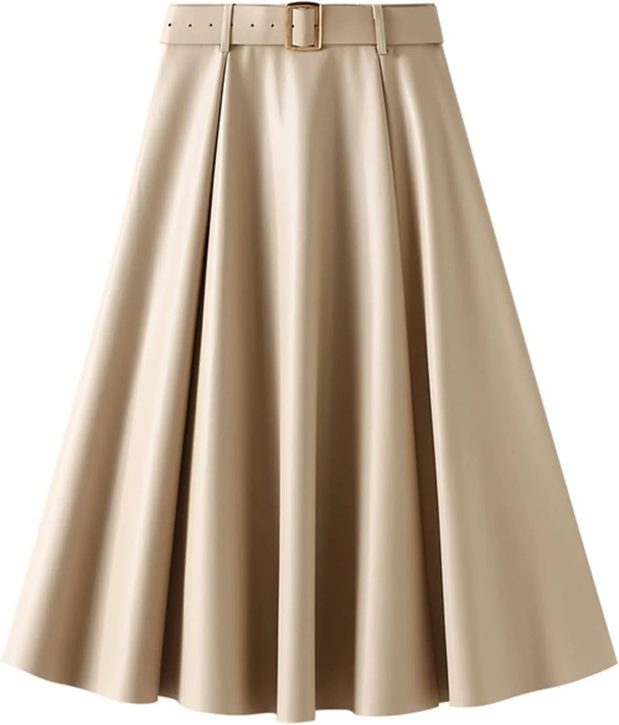 QZH.DUAO Women's Faux Leather Midi Skirt with Belt