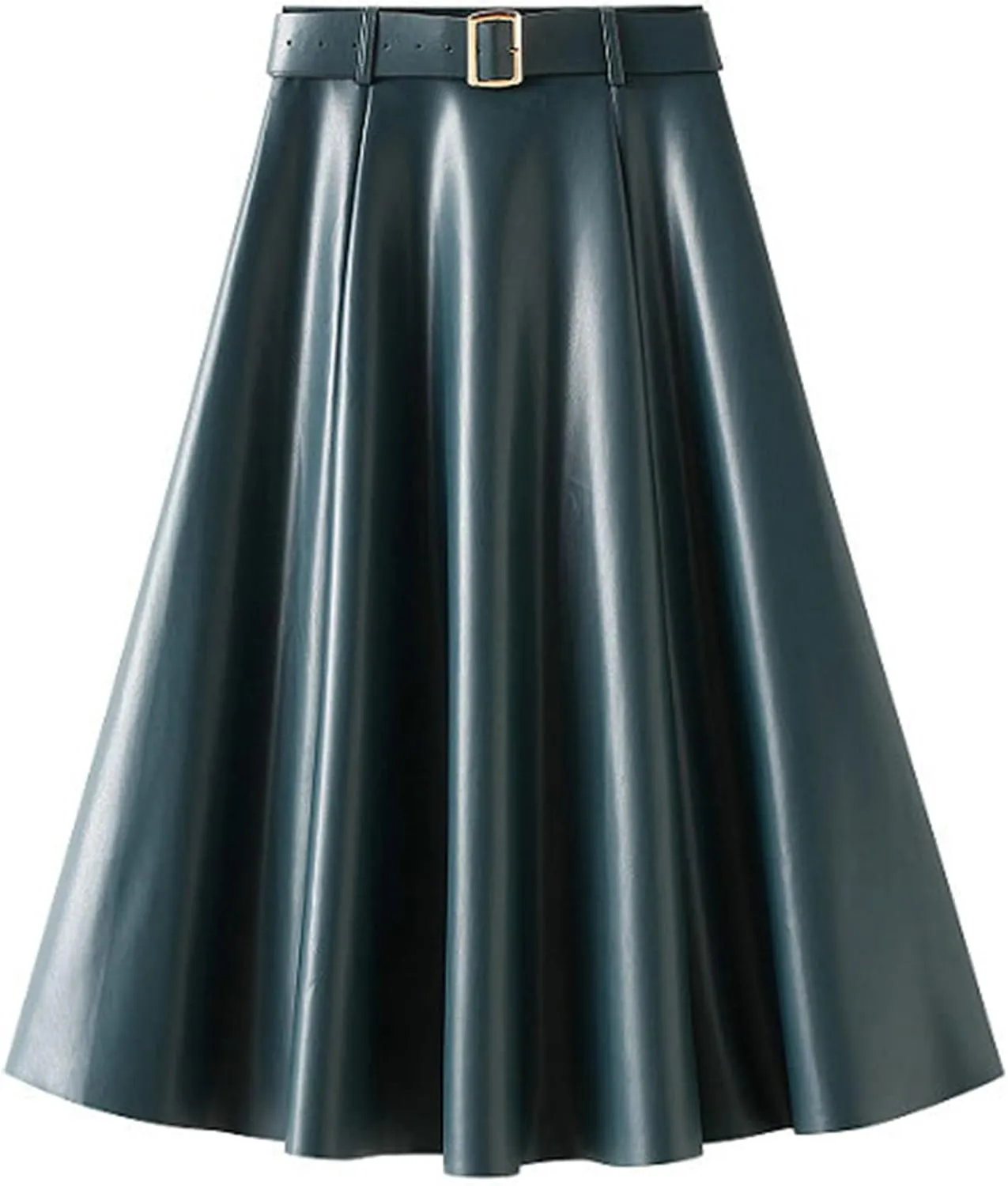 QZH.DUAO Women's Faux Leather Midi Skirt with Belt