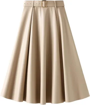 QZH.DUAO Women's Faux Leather Midi Skirt with Belt