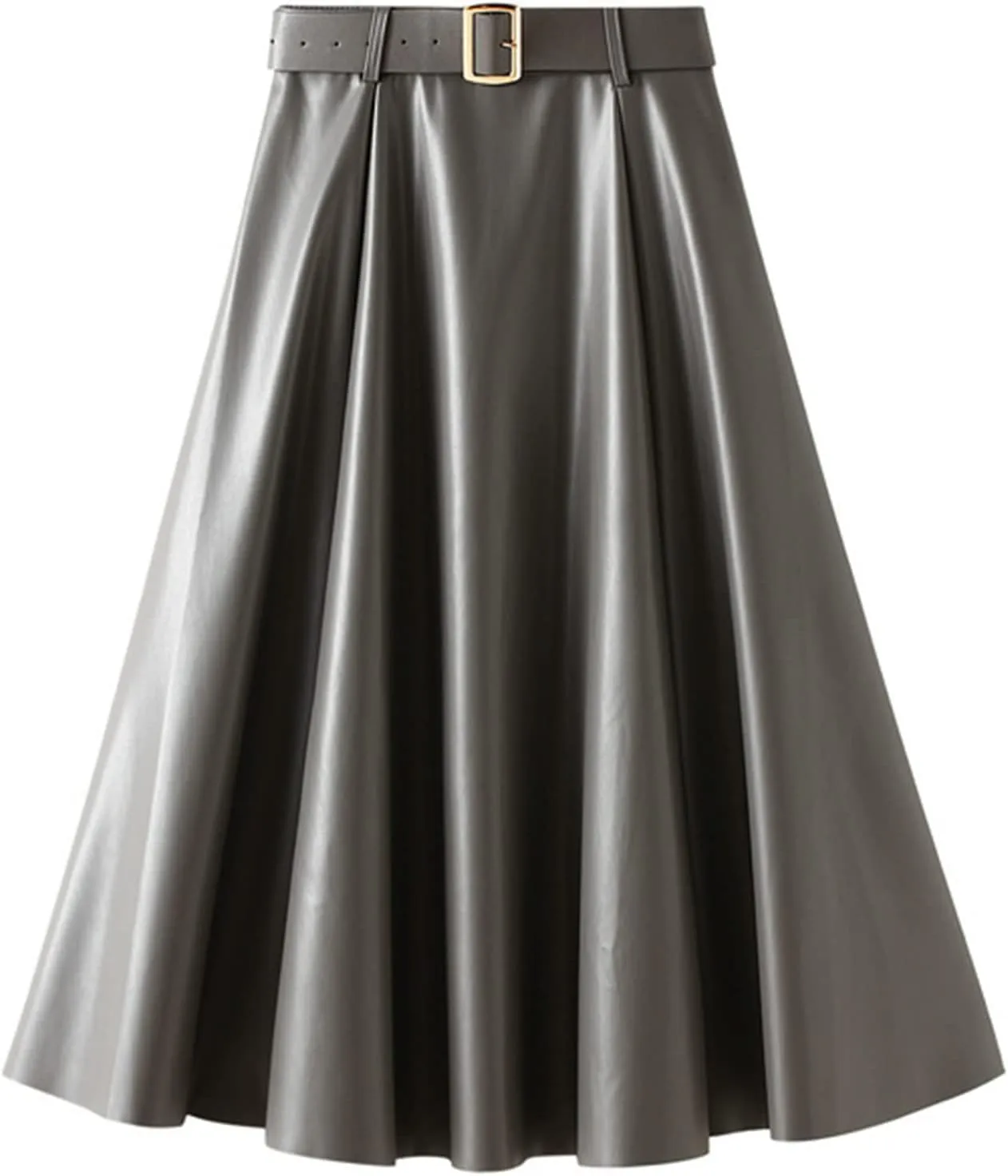 QZH.DUAO Women's Faux Leather Midi Skirt with Belt