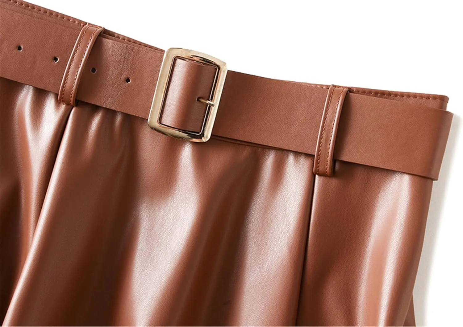 QZH.DUAO Women's Faux Leather Midi Skirt with Belt
