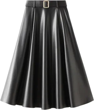 QZH.DUAO Women's Faux Leather Midi Skirt with Belt