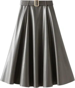QZH.DUAO Women's Faux Leather Midi Skirt with Belt
