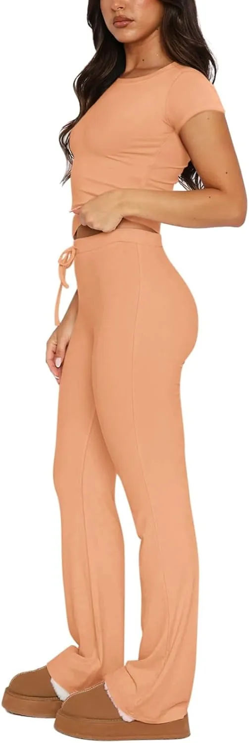 REORIA Women's 2 Piece Lounge Sets Short Sleeve Basic Tops Straight Leg Pants Comfy Casual Outfits Tracksuits