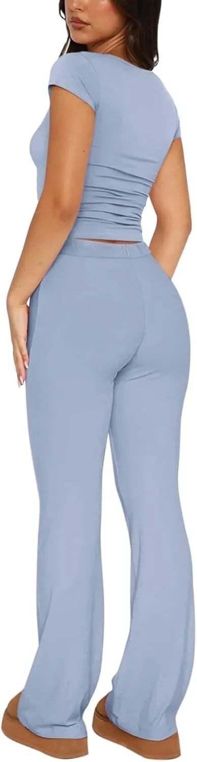 REORIA Women's 2 Piece Lounge Sets Short Sleeve Basic Tops Straight Leg Pants Comfy Casual Outfits Tracksuits